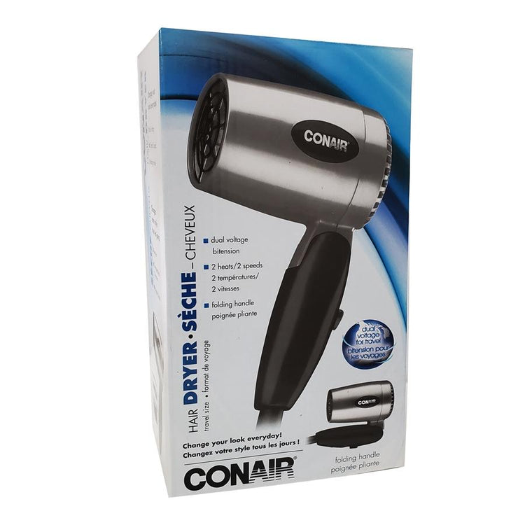 Conair 124AC - Sèche-Cheveux Compact de Voyage avec Poignée Pliable, 1600W, Argenté - Simple Boutique
