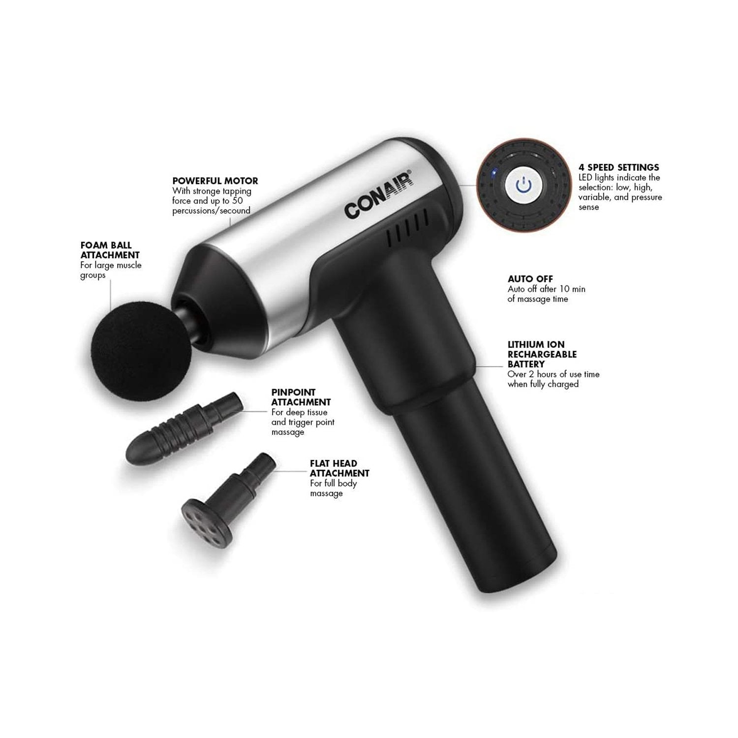 Conair - Pistolet de Massage à Percussion pour les Tissus Profond, Comprend 3 Embouts Différents, Noir - Simple Boutique