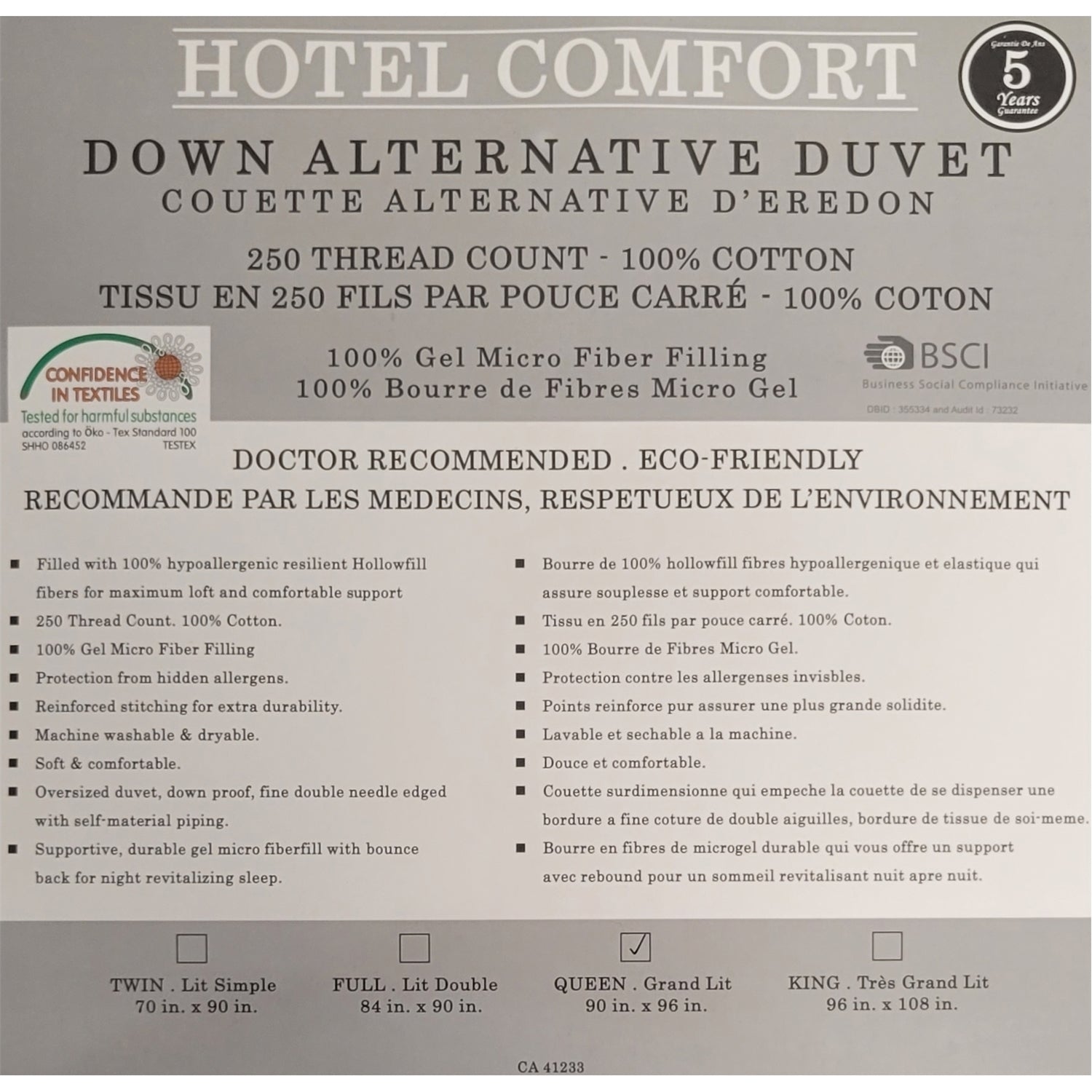 Cotton House - Couette Synthétique Hotel Comfort, 100% Coton, Remplissage 3D 100% Fibre MicroGel, Grandeur Queen, Blanc - Simple Boutique