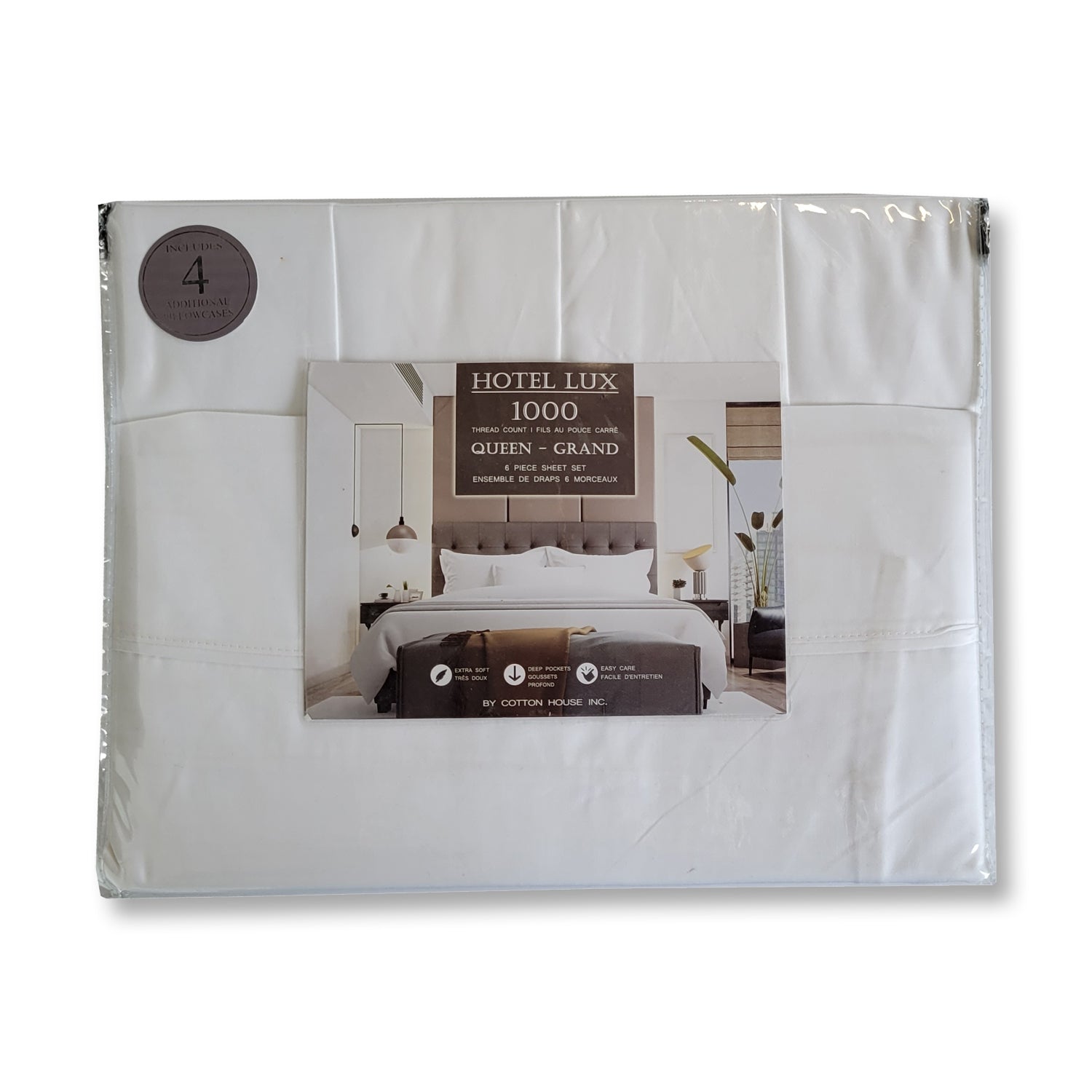Cotton House - Ensemble de Drap Hotel Lux en Coton, 1000 Fils par Pouce Carré, Grandeur King, Blanc - Simple Boutique