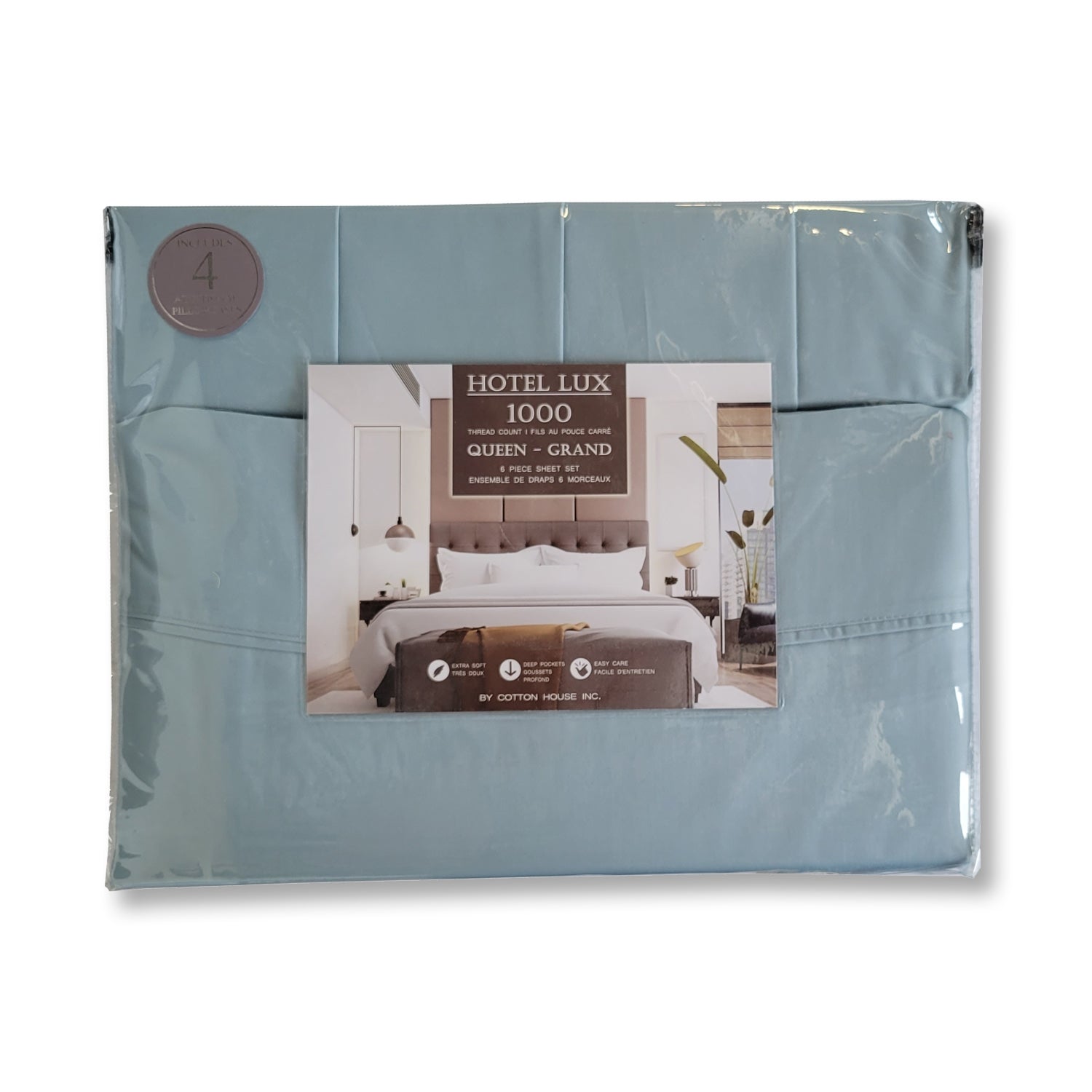 Cotton House - Ensemble de Drap Hotel Lux en Coton, 1000 Fils par Pouce Carré, Grandeur Queen, Bleu - Simple Boutique