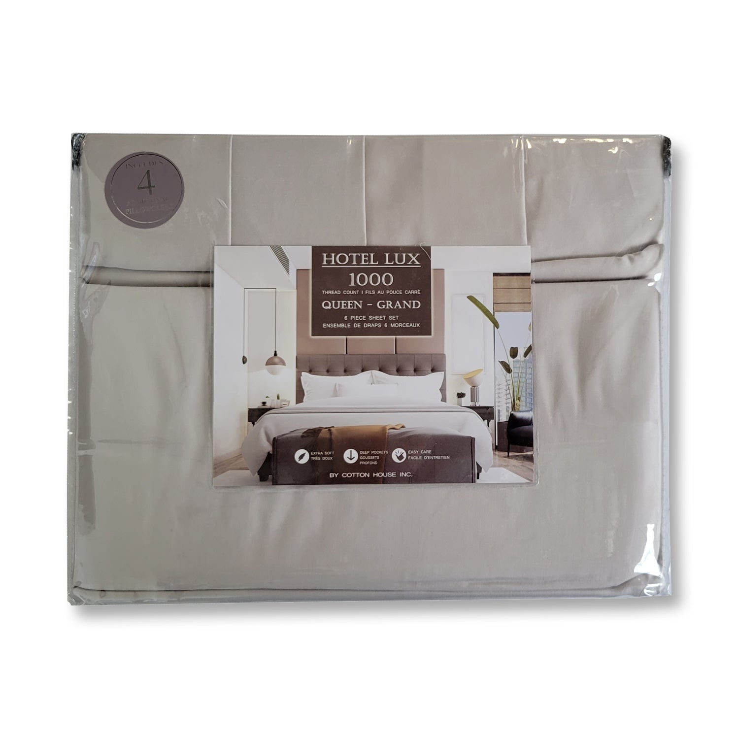 Cotton House - Ensemble de Drap Hotel Lux en Coton, 1000 Fils par Pouce Carré, Grandeur Queen, Gris - Simple Boutique