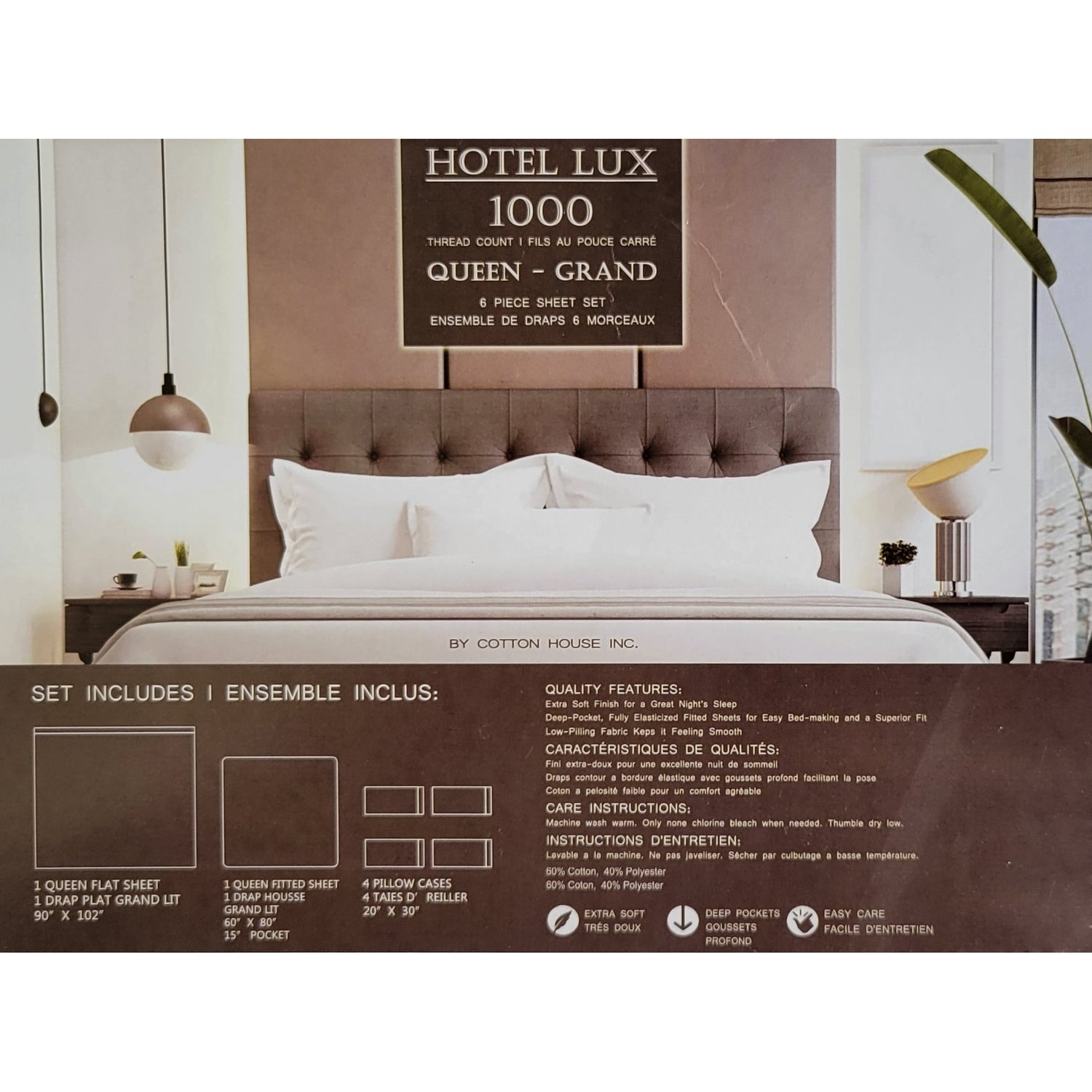 Cotton House - Ensemble de Drap Hotel Lux en Coton, 1000 Fils par Pouce Carré, Grandeur Queen, Gris - Simple Boutique