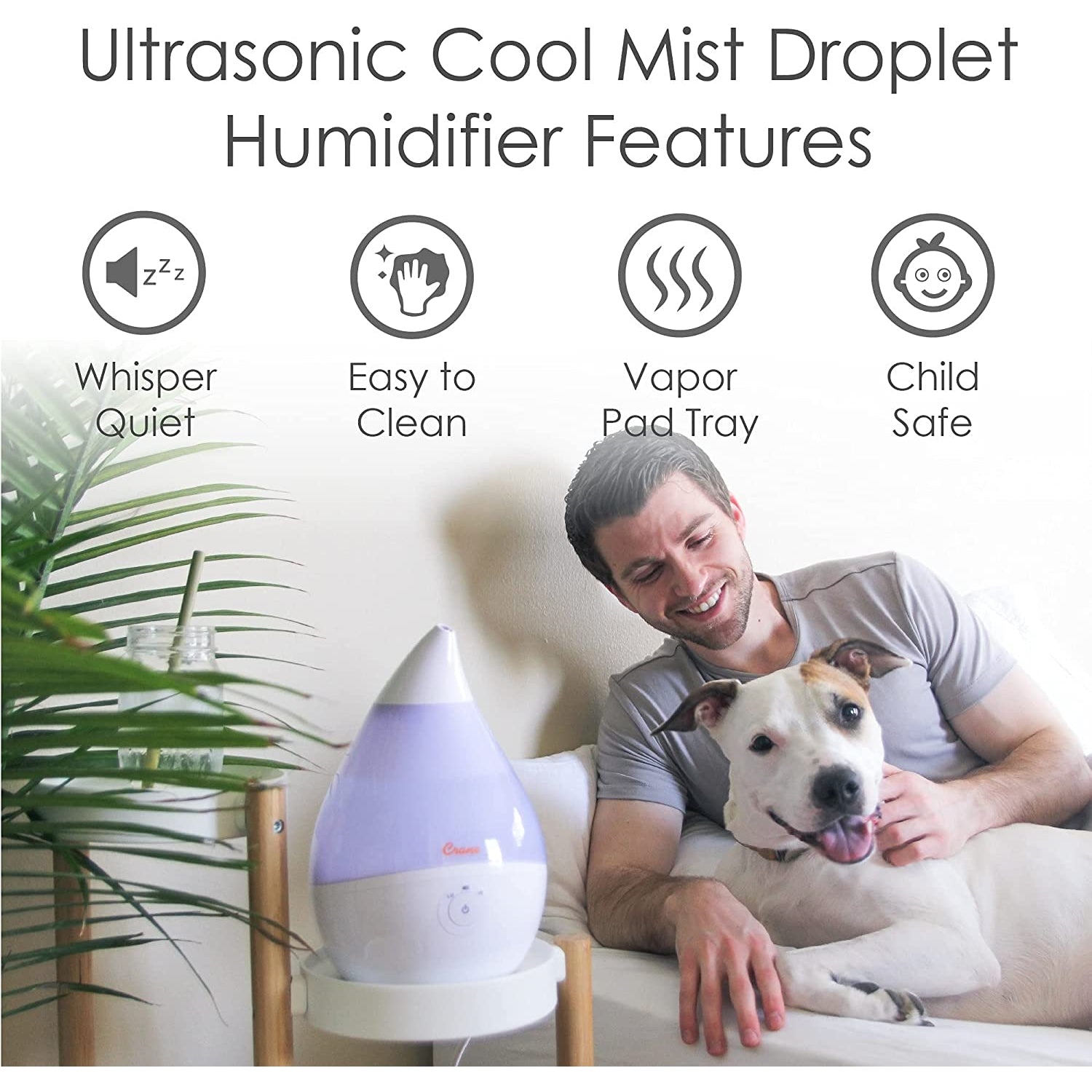 Crane - Humidificateur d'air Ultrasonic à Brume Fraiche, Buse Rotative 360 Degrée, Blanc - Simple Boutique