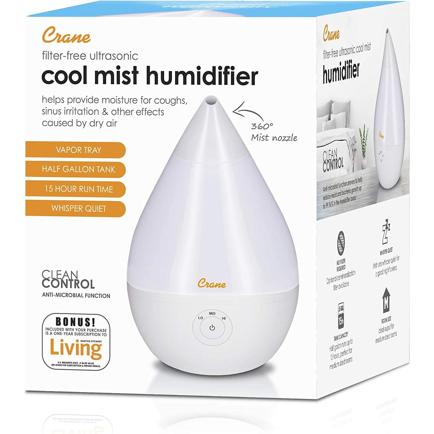 Crane - Humidificateur d'air Ultrasonic à Brume Fraiche, Buse Rotative 360 Degrée, Blanc - Simple Boutique