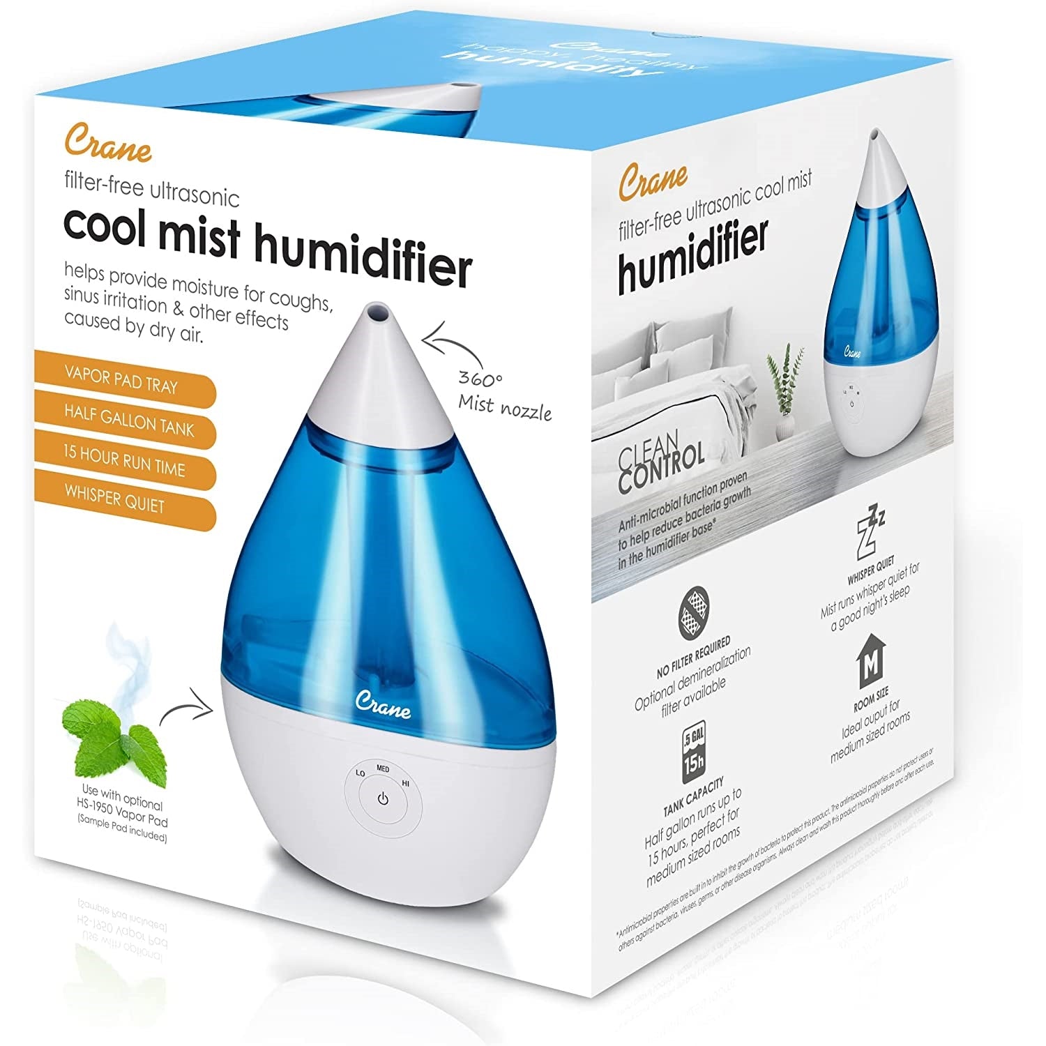 Crane - Humidificateur d'air Ultrasonic à Brume Fraiche, Buse Rotative 360 Degrée, Bleu - Simple Boutique