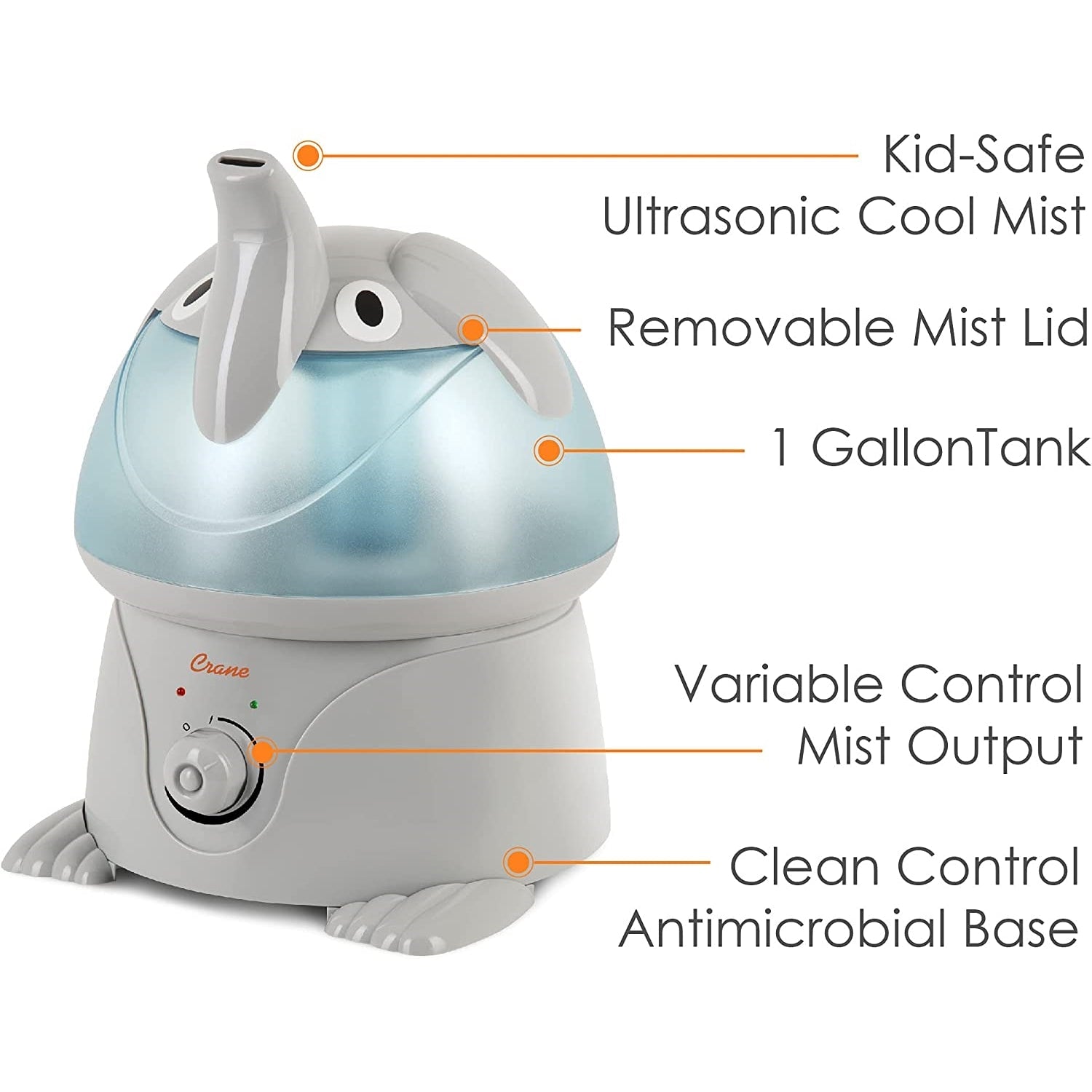Crane - Humidificateur d'air à Vapeur Froide pour Chambre d'enfant, Capacité de 1 Gallon, Éléphant - Simple Boutique