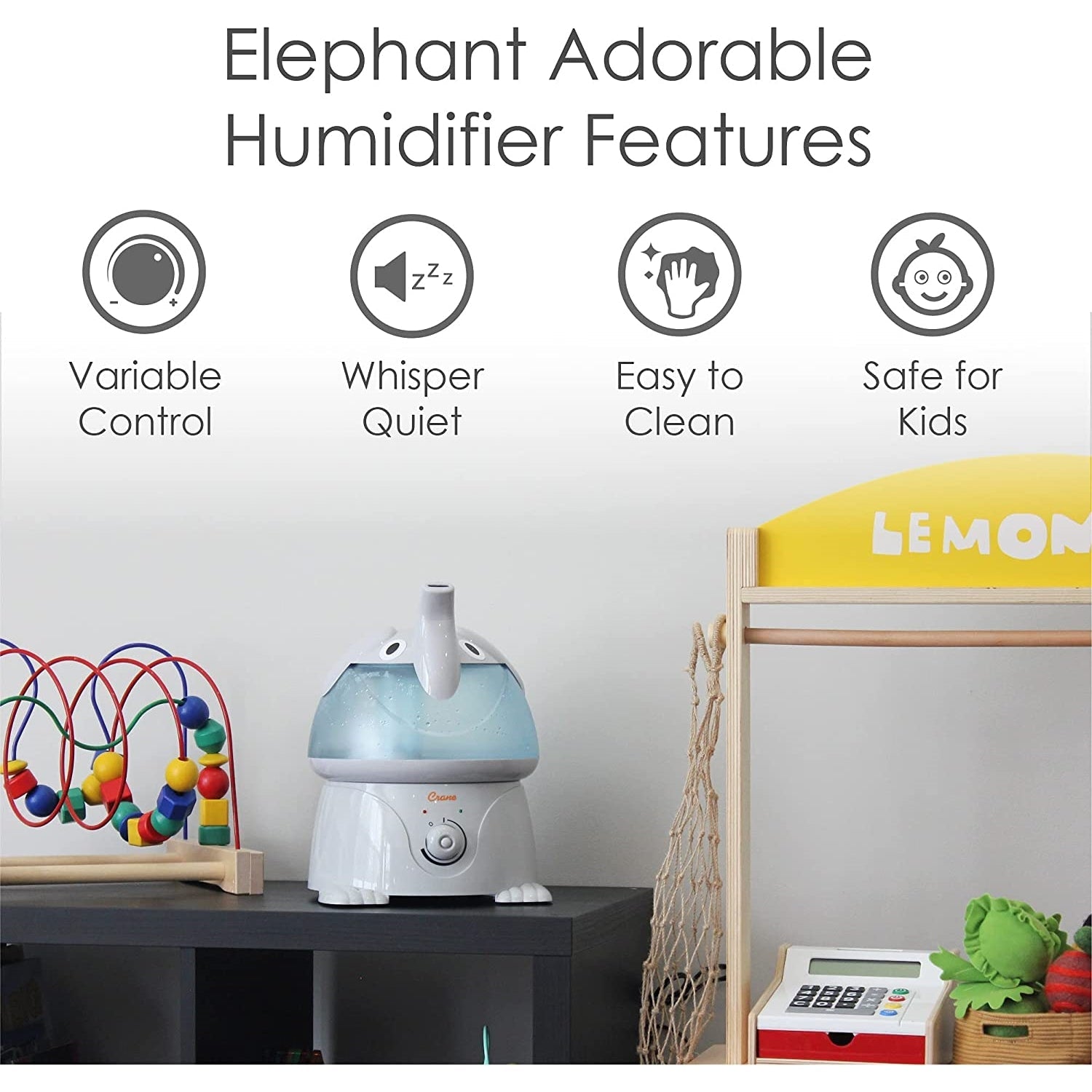 Crane - Humidificateur d'air à Vapeur Froide pour Chambre d'enfant, Capacité de 1 Gallon, Éléphant - Simple Boutique