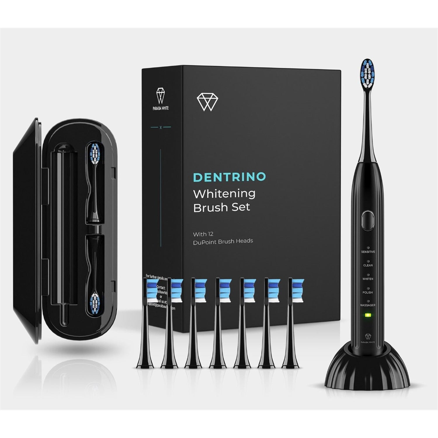 Dentrino - Ensemble de Brosse à Dent Électrique avec 12 Têtes, 5 Fonctions, Avec Étui de Rangement, Noir - Simple Boutique