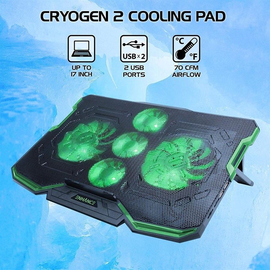 ENHANCE Cryogen Support de Refroidissement Pour Ordinateur Portable 5 Ventilateurs 2 Ports USB Design Mince avec LED Verte - Simple Boutique