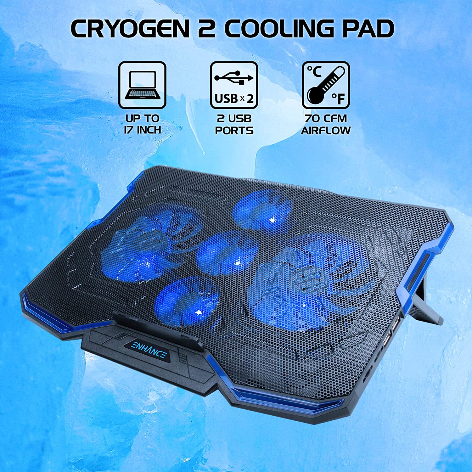 ENHANCE Cryogen Support de Refroidissent Pour Ordinateur Portable 5 Ventilateurs 2 Ports USB Design Mince avec LED Bleu - Simple Boutique