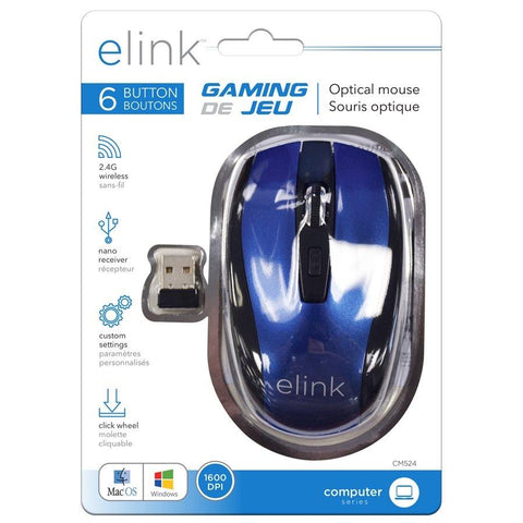 Elink CM524 - Souris de Jeu Optique Sans-Fil à 6 Boutons Avec Molette Cliquable et Nano Récepteur, Bleu