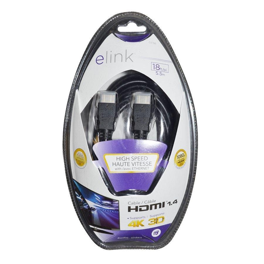 Elink CV-193 - Câble HDMI 1.4 Haute Vitesse avec Canal Ethernet, 18 Pieds, Noir - Simple Boutique