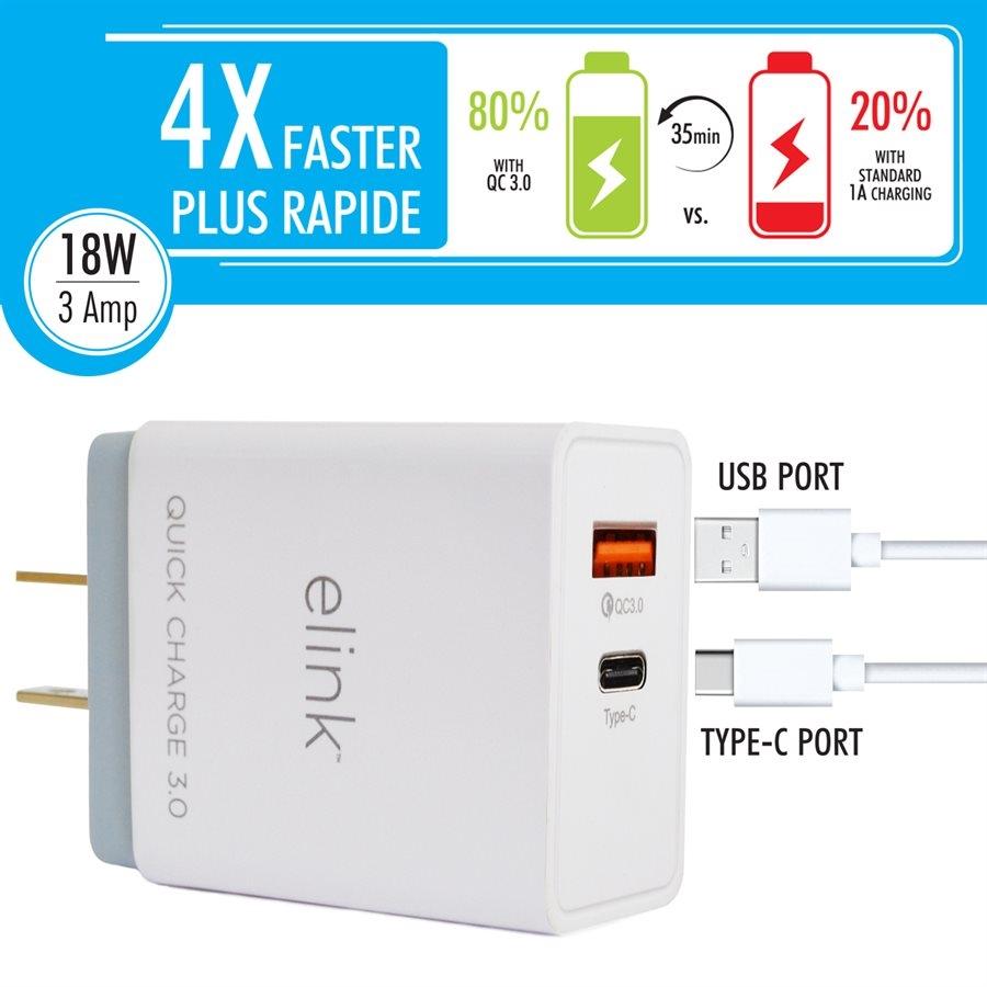 Elink - Chargeur Mural avec 1 Port USB 3.0 et 1 Port Type-C, Charge Rapide, 18W, Blanc - Simple Boutique