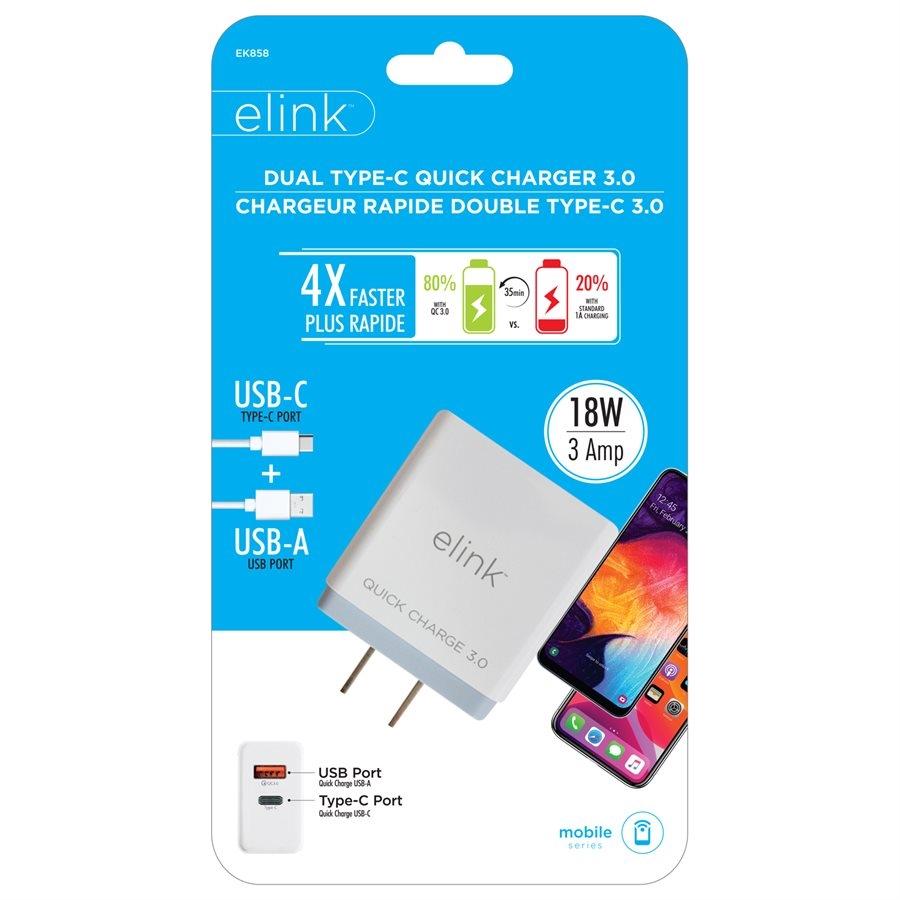 Elink - Chargeur Mural avec 1 Port USB 3.0 et 1 Port Type-C, Charge Rapide, 18W, Blanc - Simple Boutique