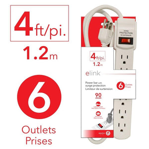 Elink EL-674 - Barre d'alimentation à 6 Prises avec Parasurtenseur, 4 Pieds, Blanc - Simple Boutique