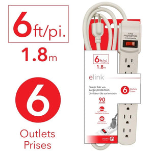 Elink EL-878 - Barre d'alimentation à 6 Prises avec Parasurtenseur, 6 Pieds, Blanc - Simple Boutique