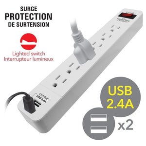 Elink EL458 - Protecteur de Surtension à 6 Prises avec 2 Ports USB 2.4A, 300 Joules, Blanc - Simple Boutique