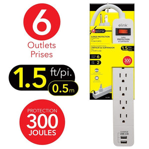 Elink EL458 - Protecteur de Surtension à 6 Prises avec 2 Ports USB 2.4A, 300 Joules, Blanc - Simple Boutique