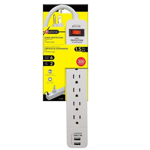 Elink EL458 - Protecteur de Surtension à 6 Prises avec 2 Ports USB 2.4A, 300 Joules, Blanc - Simple Boutique