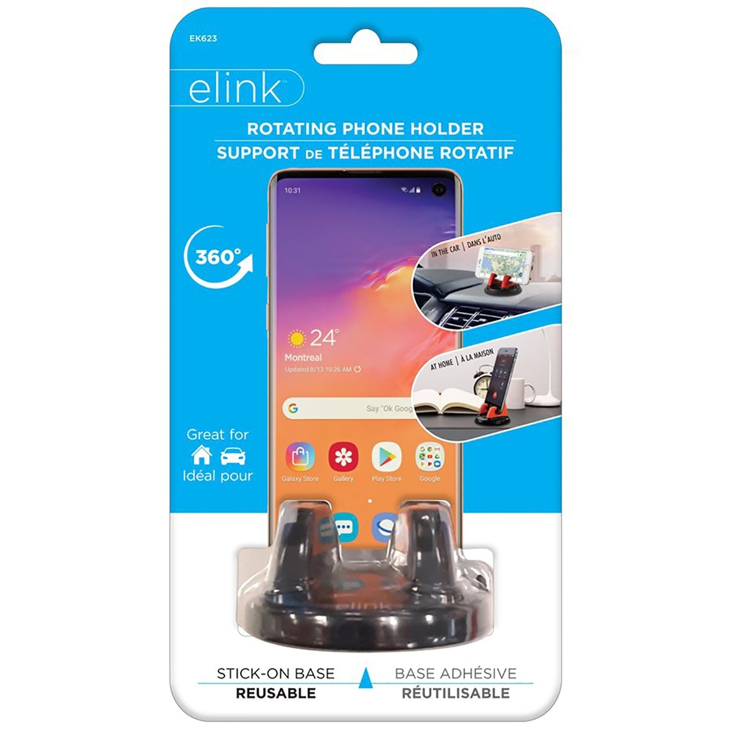 Elink - Support de Téléphone Rotatif avec Base Adhésive Réutilisable, Noir - Simple Boutique