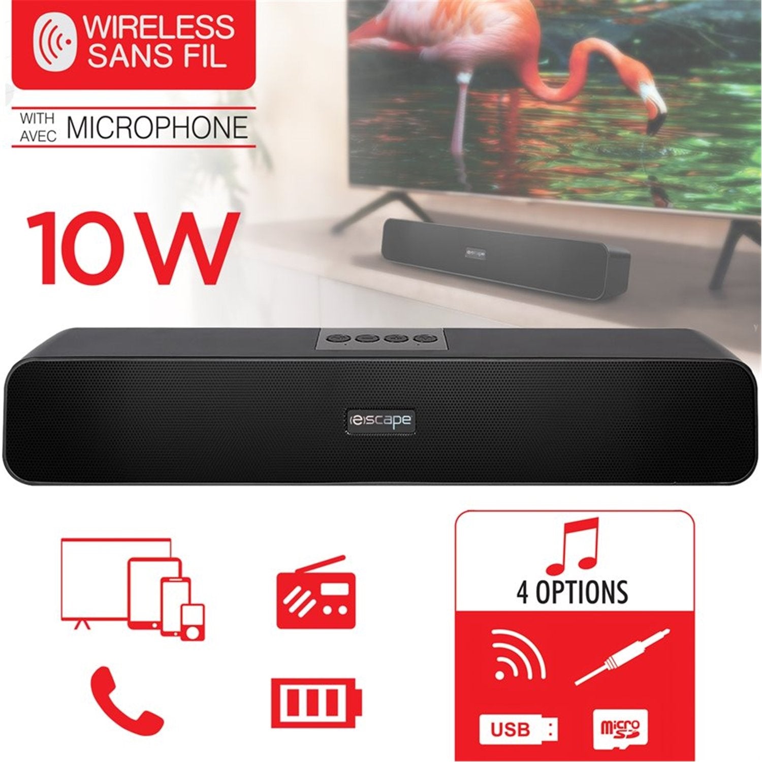 Escape - Barre de Son Stéréo Sans-Fil avec Radio FM, 10 Watts, Noir - Simple Boutique