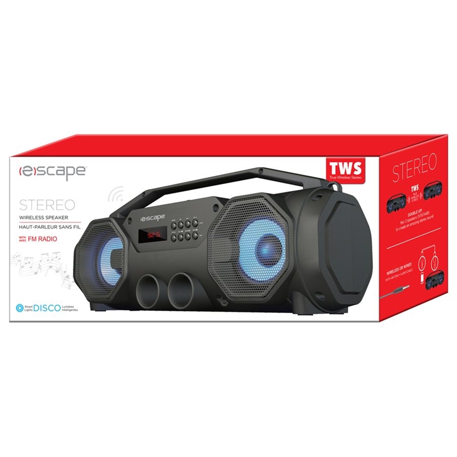 Escape - Haut-Parleur BoomBox Stéréo Sans-Fil, Bluetooth 5.0 avec Radio FM et Lumières LED, Noir - Simple Boutique