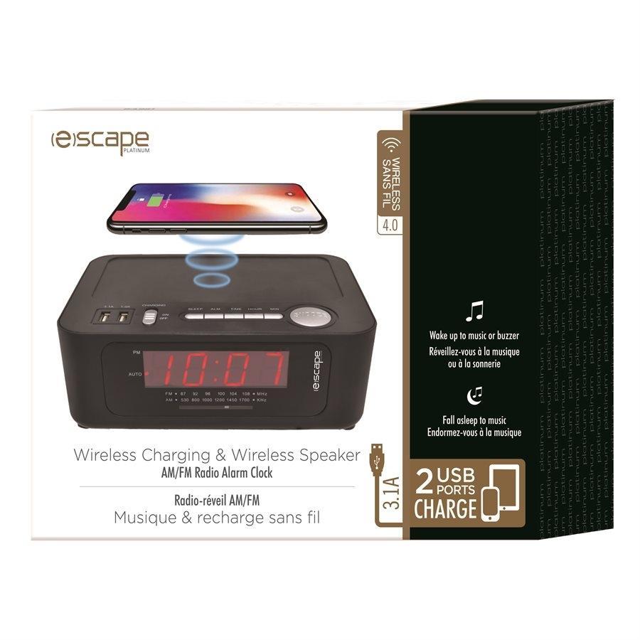Escape RA961 - Radio-Réveil AM/FM avec Chargement Sans-Fil et 2 Ports USB 3.1A, Noir - Simple Boutique
