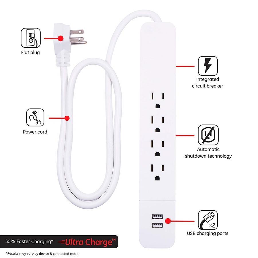 GE 37212 Protecteur de Surtension électrique 4 prises + 2 prises USB 560 joules - Simple Boutique