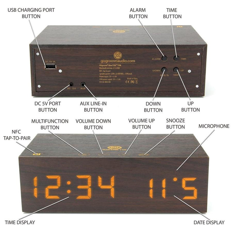 GOgroove GGBSTYM220BDUS Réveil Bluetooth sans fil avec chargeur USB, haut-parleur et micro - Simple Boutique