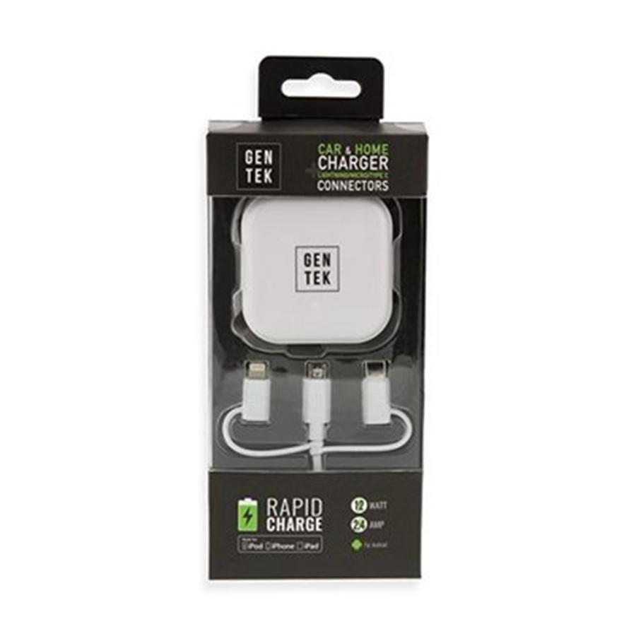 Gentek Chargeur de Voiture 5 dans 1 USB 2.4A avec W Micro Type C MFI Lightning Cable Blanc - Simple Boutique