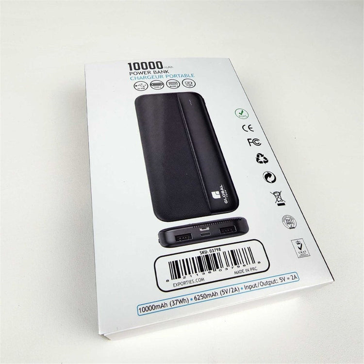 GlobalTone - Banque d'alimentation/Chargeur Portable, Capacité 10 000 mAh, Noir - Simple Boutique