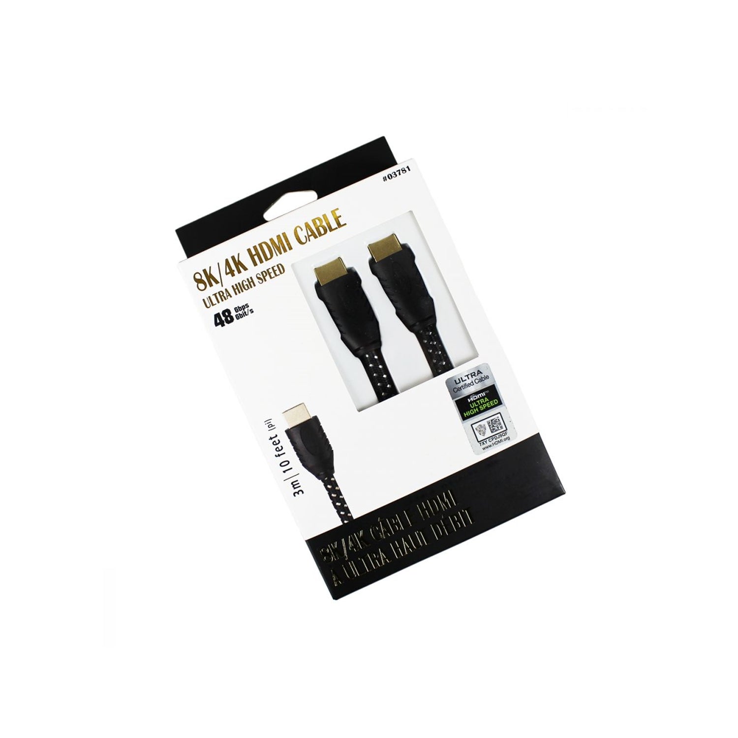 GlobalTone - Cable HDMI 2.1, Certifié 8K , Ultra Haut Débit, 48 Gbps, UHD, HDR, 30 AWG, Longeur de 10 Pieds, Noir - Simple Boutique