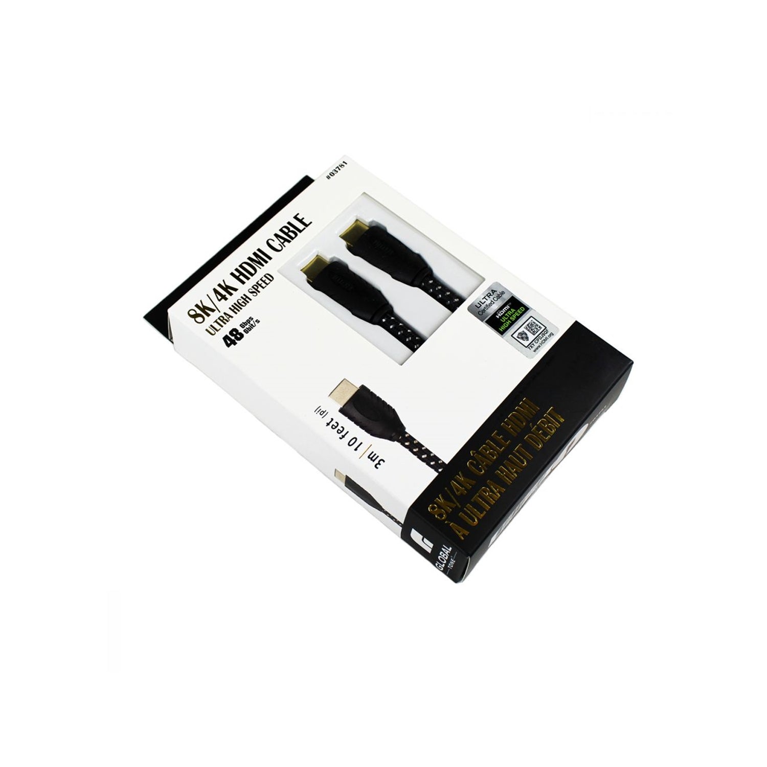 GlobalTone - Cable HDMI 2.1, Certifié 8K , Ultra Haut Débit, 48 Gbps, UHD, HDR, 30 AWG, Longeur de 10 Pieds, Noir - Simple Boutique