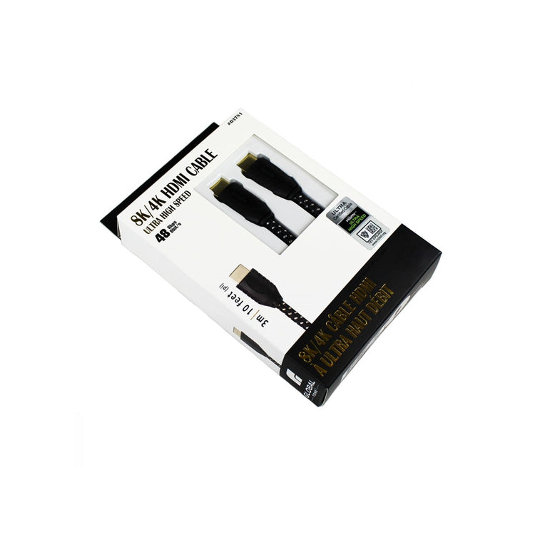 GlobalTone - Cable HDMI 2.1, Certifié 8K , Ultra Haut Débit, 48 Gbps, UHD, HDR, 30 AWG, Longeur de 10 Pieds, Noir - Simple Boutique