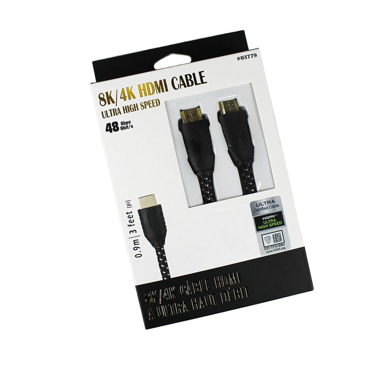 GlobalTone - Cable HDMI 2.1, Certifié 8K , Ultra Haut Débit, 48 Gbps, UHD, HDR, 30 AWG, Longeur de 3 Pieds, Noir - Simple Boutique