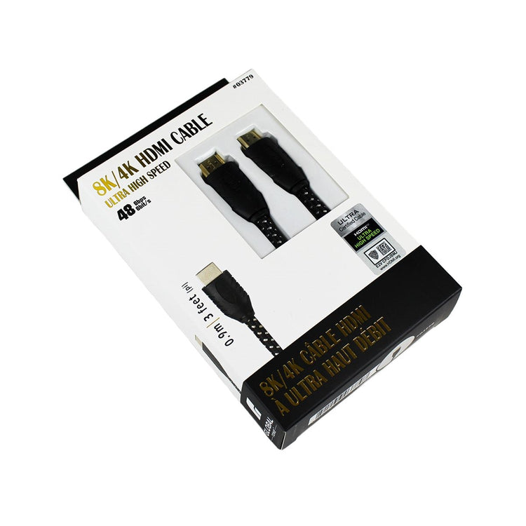 GlobalTone - Cable HDMI 2.1, Certifié 8K , Ultra Haut Débit, 48 Gbps, UHD, HDR, 30 AWG, Longeur de 3 Pieds, Noir - Simple Boutique
