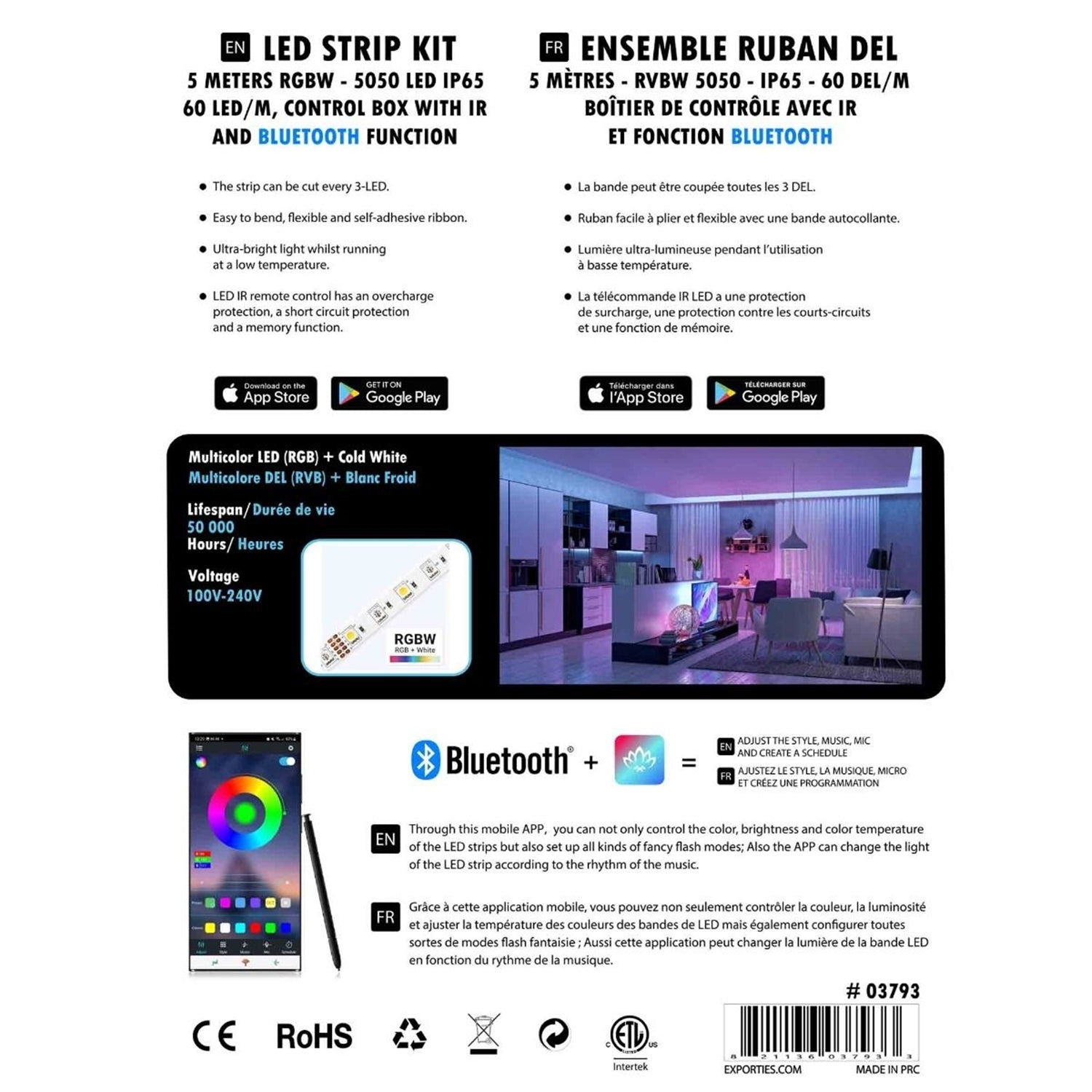 GlobalTone - Ensemble Ruban DEL RGBW, Boitier de Contrôle avec IR et Fonction Bluetooth, 60 DEL par Mètre, Longeur de 5 Mètres - Simple Boutique