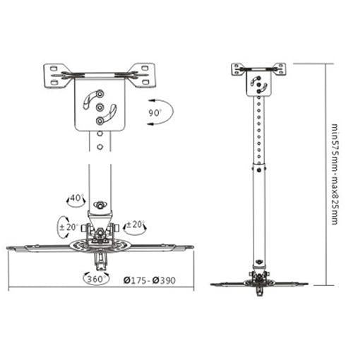 GlobalTone Support Projecteur Extensible 22.6"-32.5" Plafond Noir - Simple Boutique