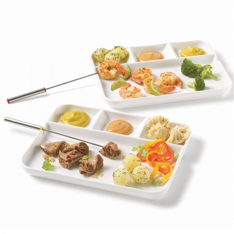 Gourmet - Ensemble de 2 Assiettes à Fondue et Hors-d'oeuvre en Porcelaine, 10.5" x 8.5", Blanc - Simple Boutique