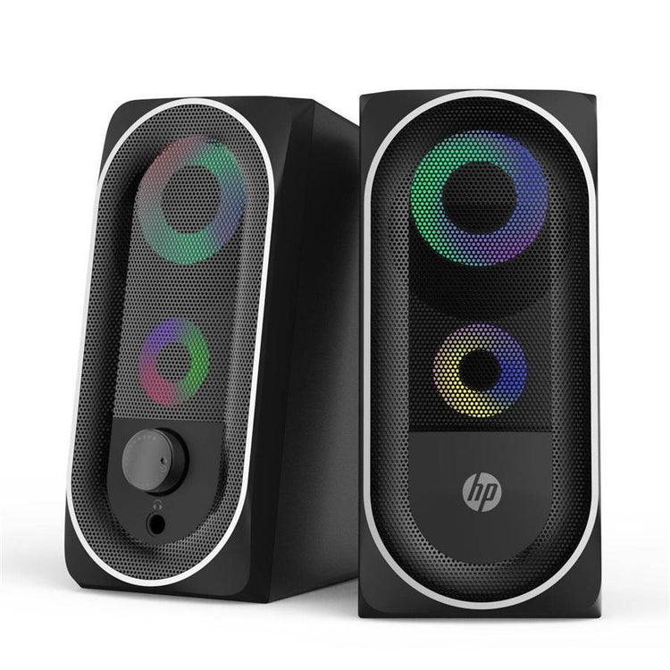 HP - Haut-Parleurs Stéréo 2.0 pour Ordinateur avec Rétro-Éclairage, Prise 3.5 mm, Noir - Simple Boutique
