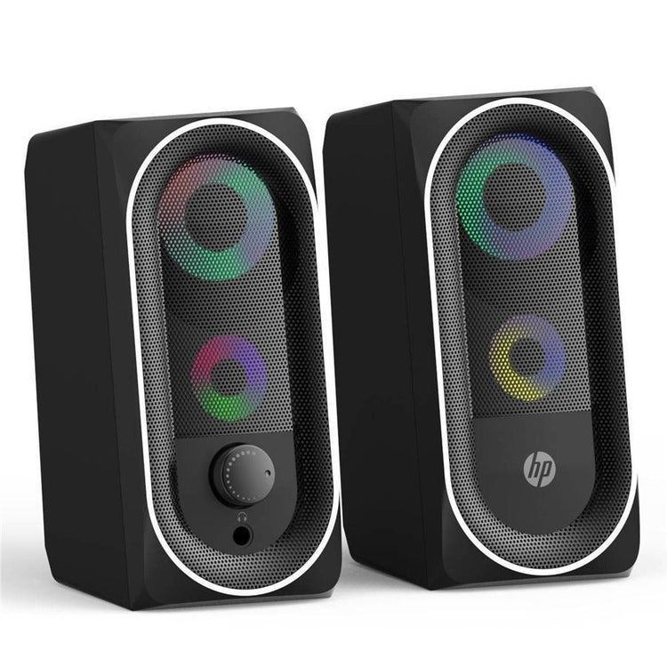 HP - Haut-Parleurs Stéréo 2.0 pour Ordinateur avec Rétro-Éclairage, Prise 3.5 mm, Noir - Simple Boutique