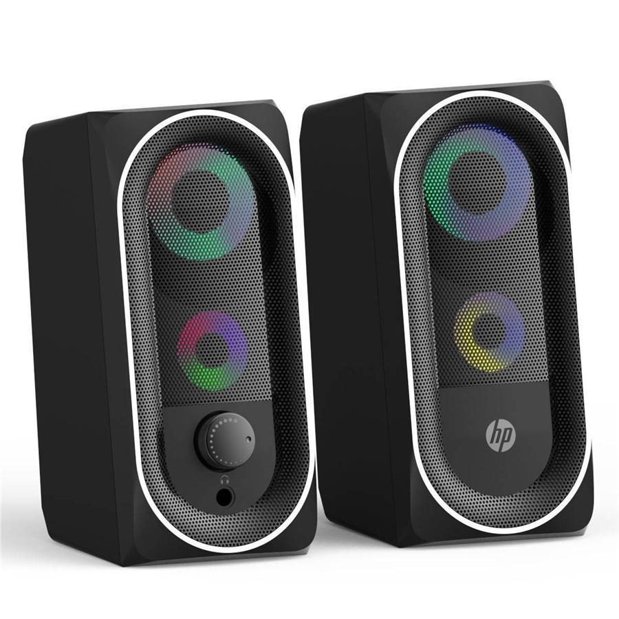 HP - Haut-Parleurs Stéréo 2.0 pour Ordinateur avec Rétro-Éclairage, Prise 3.5 mm, Noir - Simple Boutique