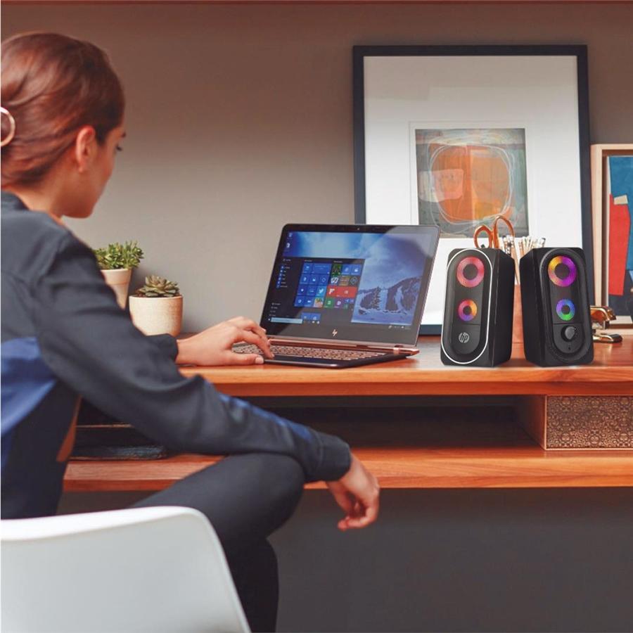 HP - Haut-Parleurs Stéréo 2.0 pour Ordinateur avec Rétro-Éclairage, Prise 3.5 mm, Noir - Simple Boutique