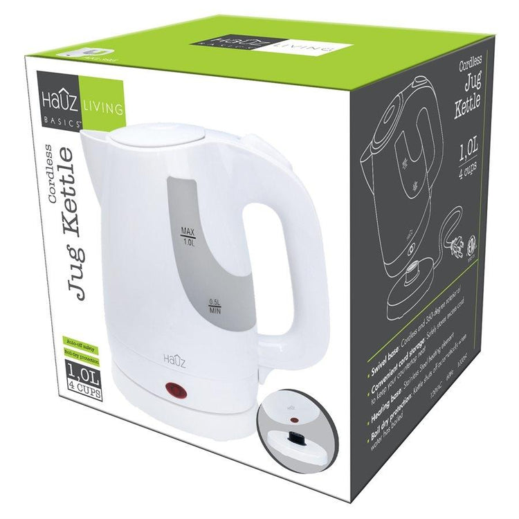 Hauz AKL395 Bouilloire Sans Cordon 1 Litres, 1000 Watts, Blanc - Simple Boutique