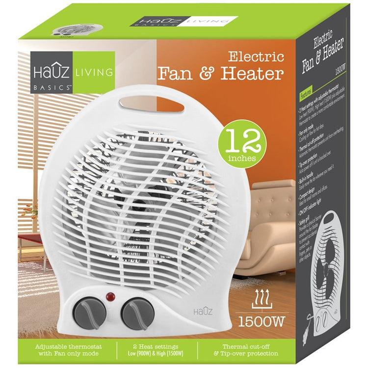 Hauz - Ventilateur + Radiateur Portatif de 12", Thermostat Réglable, 1500W, Blanc - Simple Boutique