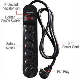 Hyper Tough - Protecteur de Surtension à 6 Prises, 900 Joules, Câble de 6 Pieds, Noir - Simple Boutique