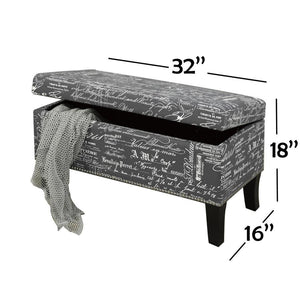 IFDC - Banc Rembourré avec Rangement, 32" x16" x18", Tissus Gris Motif Écriture - Simple Boutique