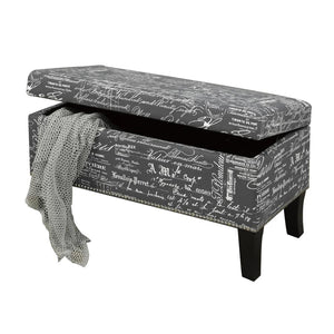 IFDC - Banc Rembourré avec Rangement, 32" x16" x18", Tissus Gris Motif Écriture - Simple Boutique