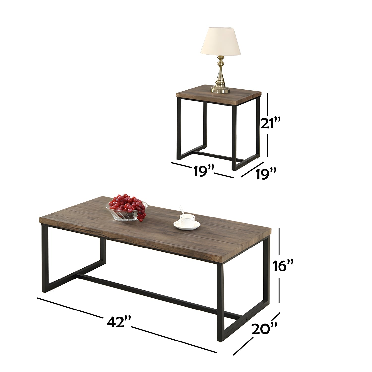 IFDC - Ensemble de 1 Table à Café et 2 Table d'appoint avec Dessus en Bois et Base en Métal, Marron - Simple Boutique